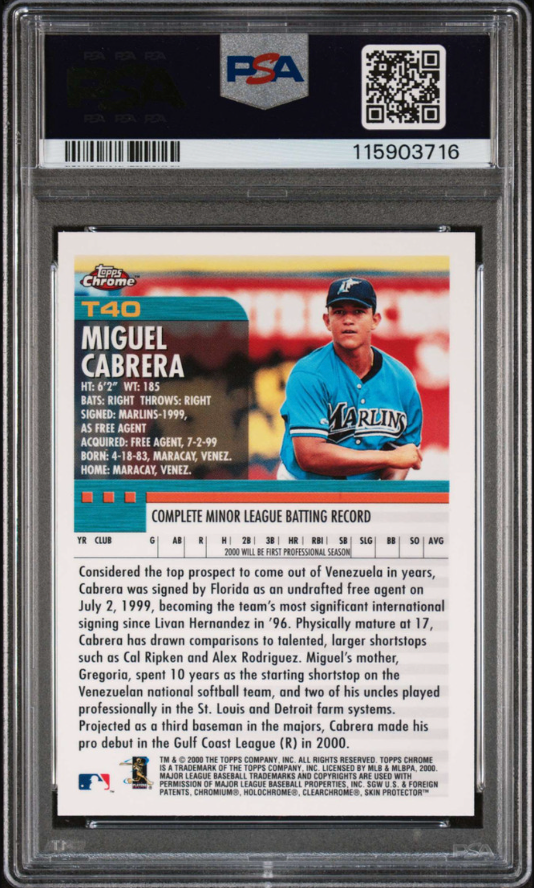 2000 TOPPS CHROME TRADED #T40 MIGUEL CABRERA RC PSA 9 DNA AUTO 10