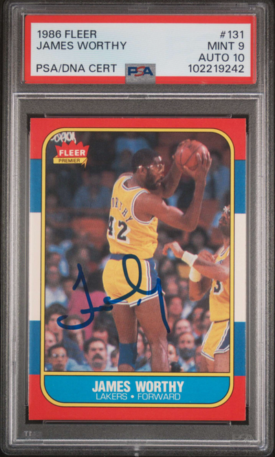 1986 FLEER #131 JAMES WORTHY RC LAKERS HOF PSA 9 DNA AUTO 10