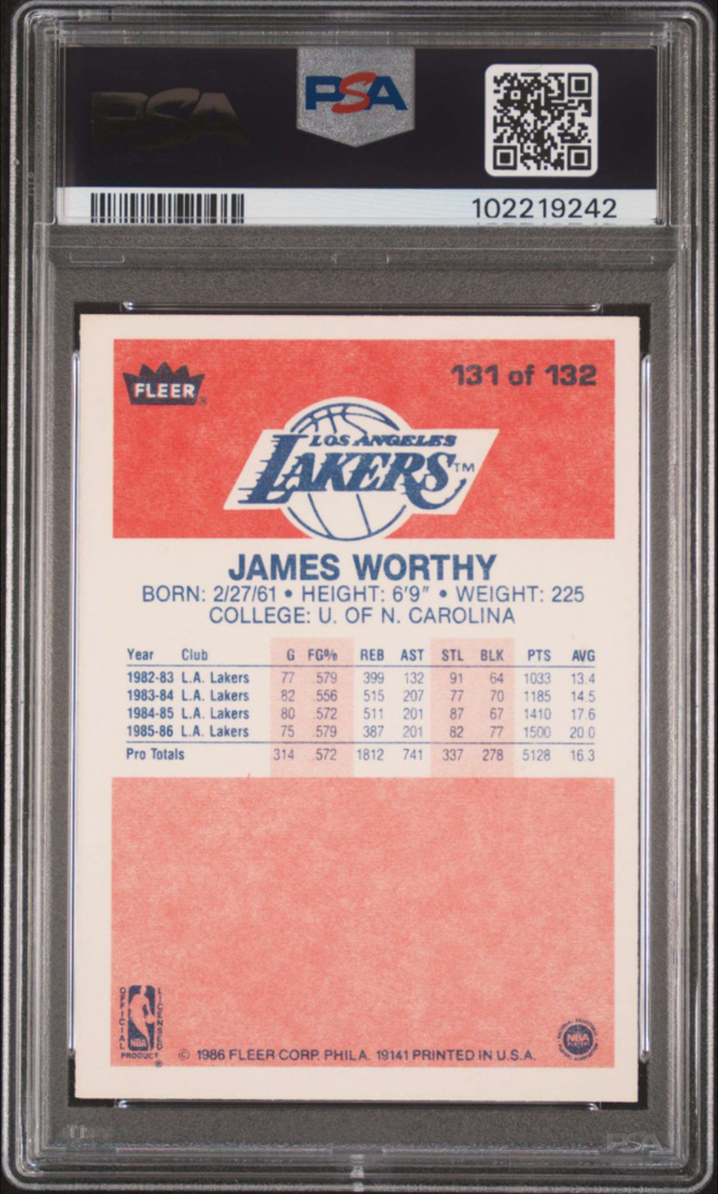 1986 FLEER #131 JAMES WORTHY RC LAKERS HOF PSA 9 DNA AUTO 10