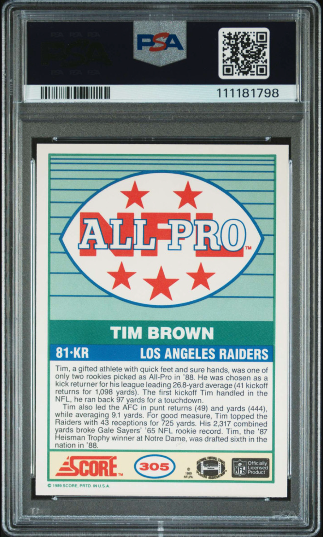 1989 SCORE #305 TIM BROWN RC HOF CORRECT PHOTO PSA 10 DNA AUTO 10