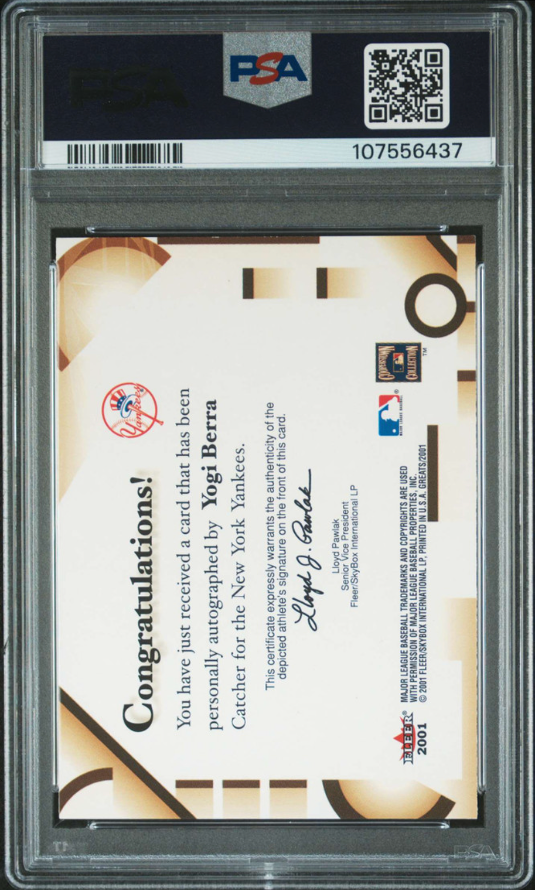 2001 FLEER GREATS AUTOGRAPHED YOGI BERRA HOF PSA AUTHENTIC DNA AUTO 10
