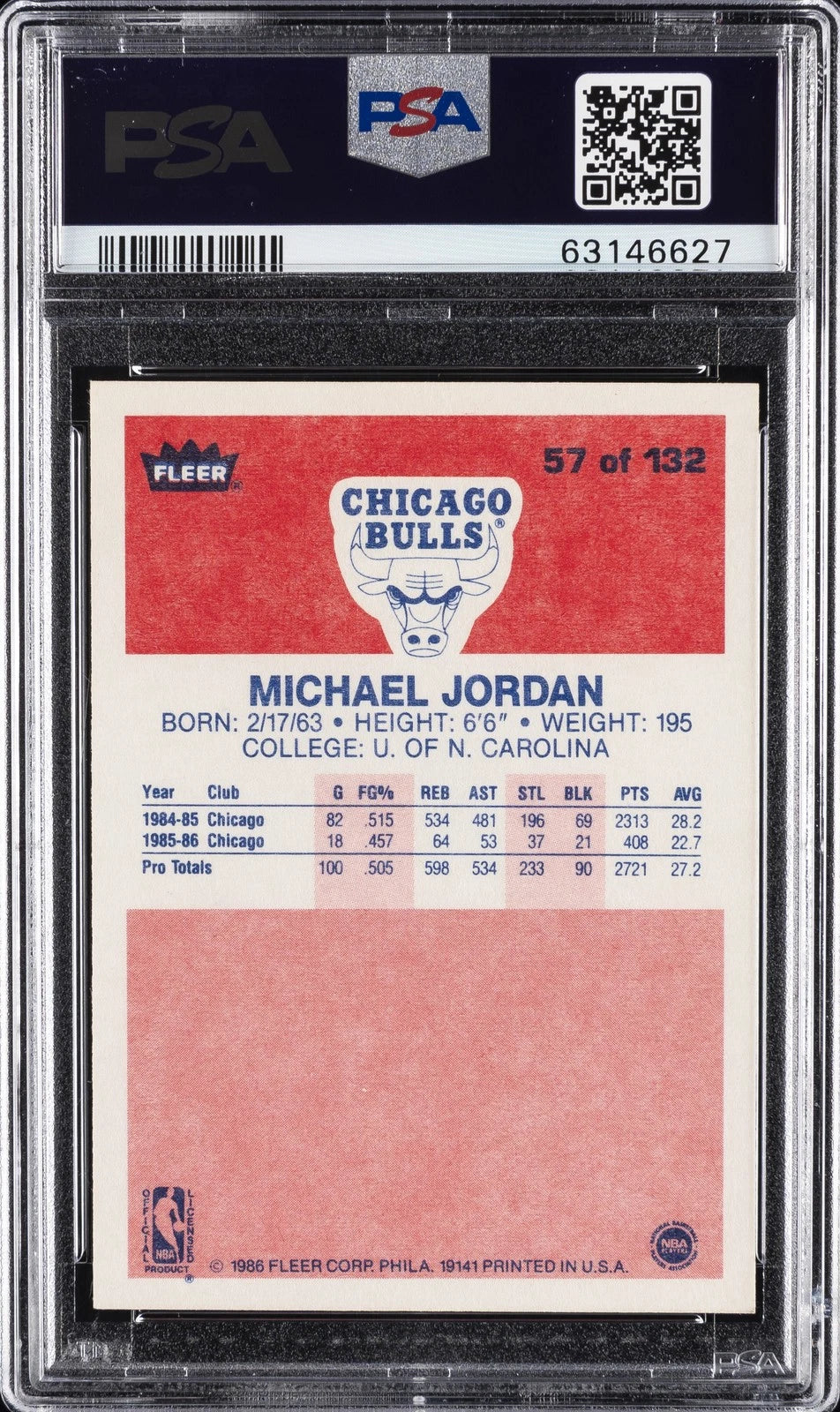 1986 FLEER BASKETBALL MICHAEL JORDAN ROOKIE RC #57 PSA 9 MINT