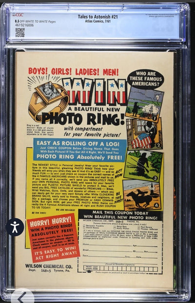 TALES TO ASTONISH 21 CGC 8.5 OW/W PAGES HIGHEST GRADED PRE-HERO MARVEL KIRBY
