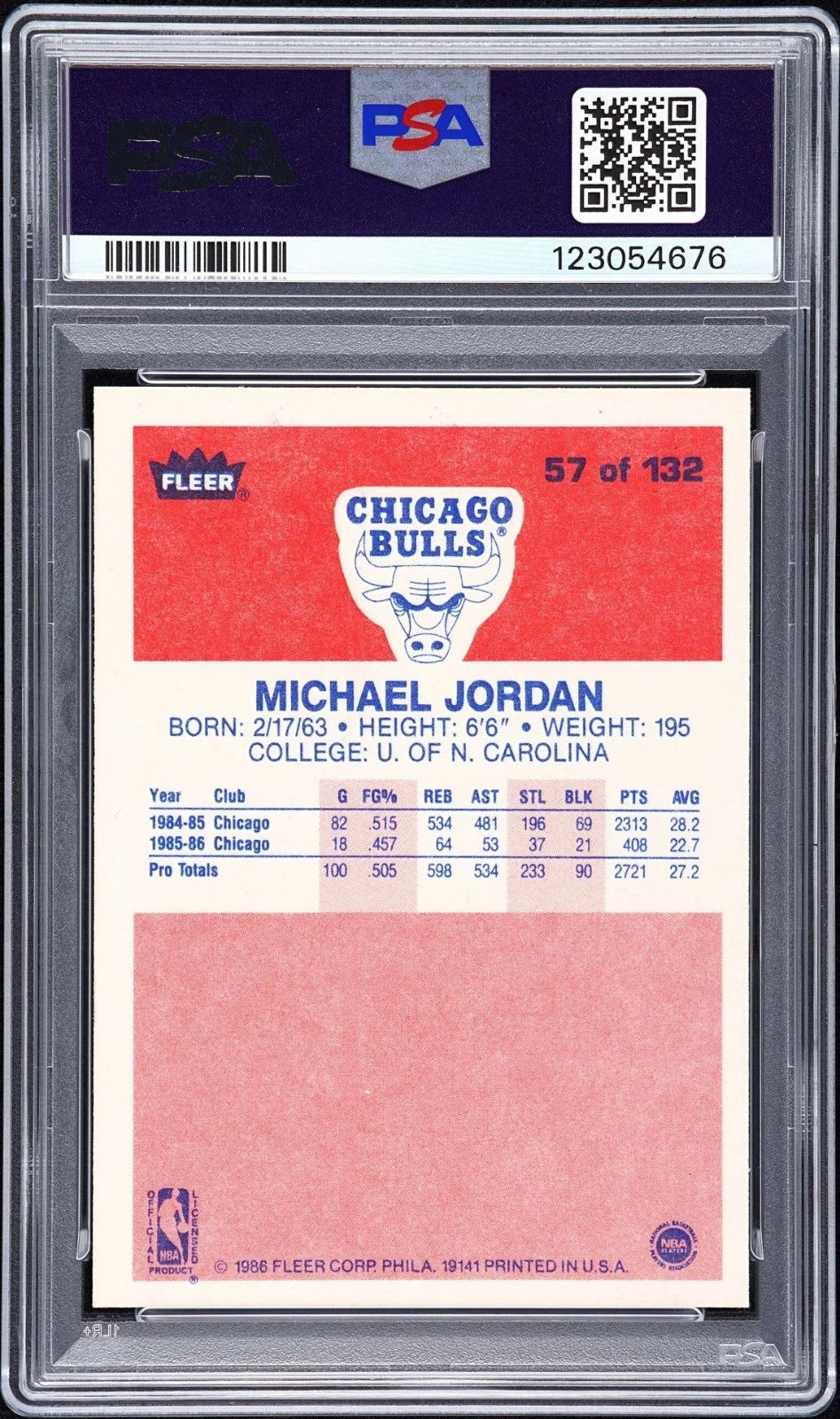 1986 FLEER #57 MICHAEL JORDAN ROOKIE RC PSA 8