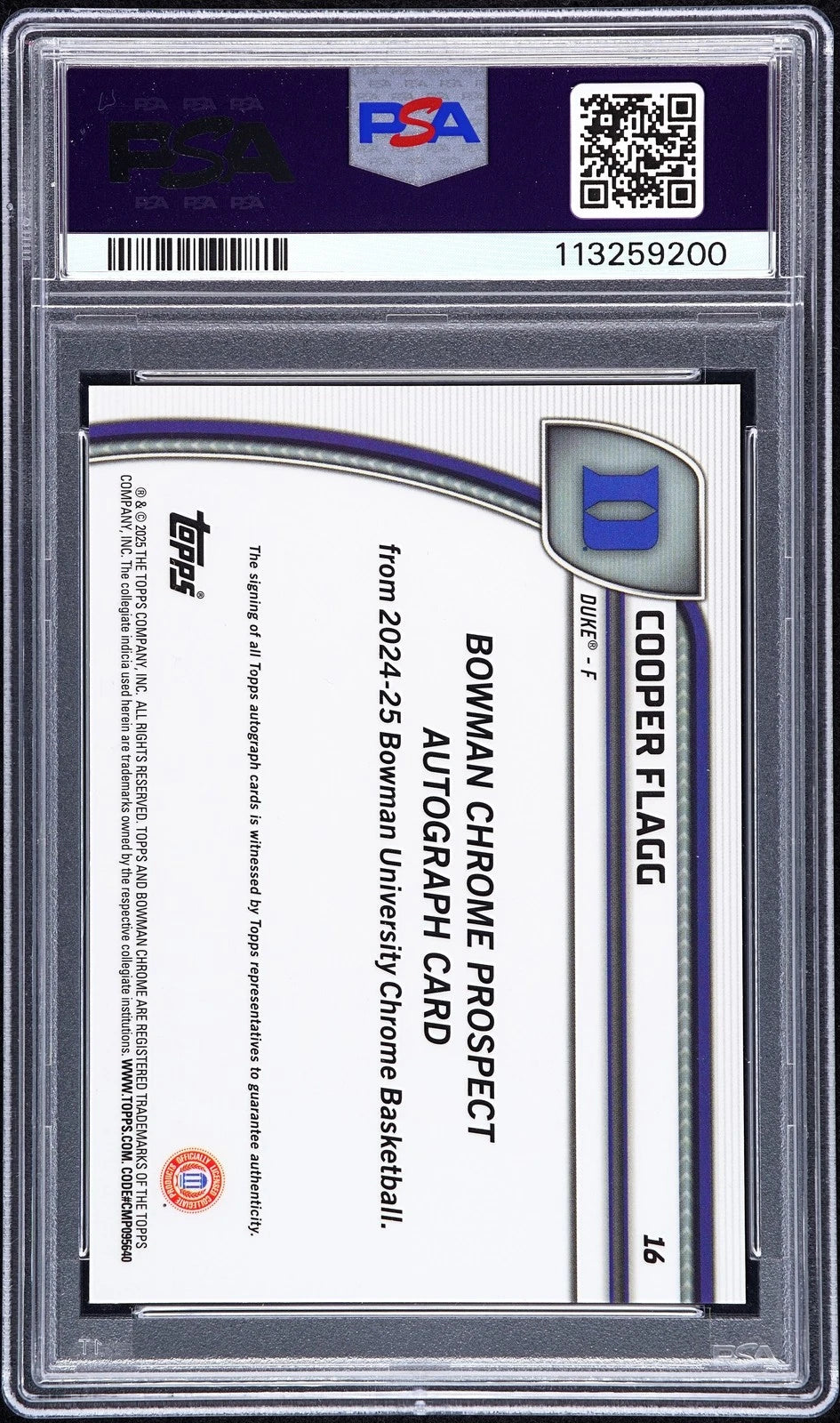 2024 Bowman Chrome U Cooper Flagg AUTO Red Refractor #2/5 PSA 9 w/INSCRIPTION