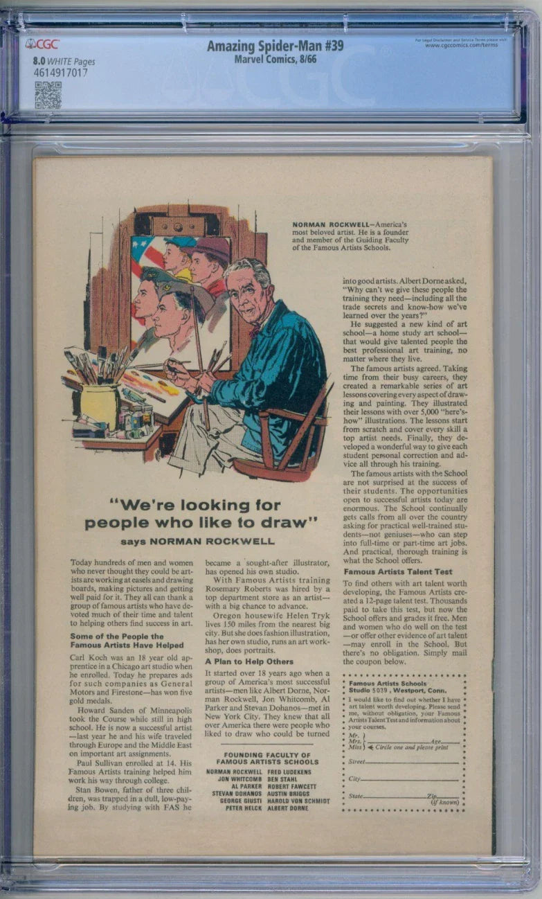 Amazing Spider-Man 39 CGC Graded 8.0 VF White Pages Marvel Comics 1966